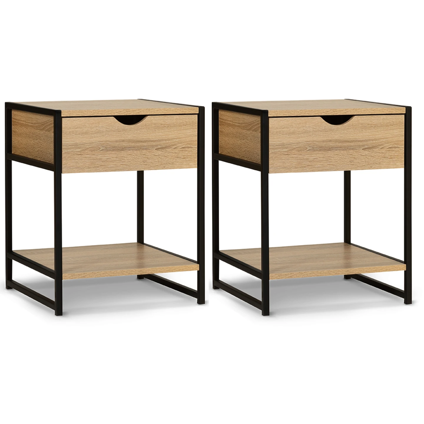 Lot de 2 tables de chevet DETROIT 1 tiroir avec tablette bois et métal noir design industriel