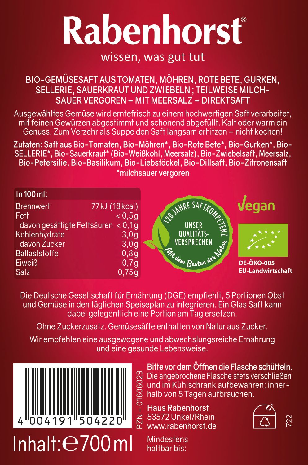 Rabenhorst Traditioneller Gemüsesaft BIO