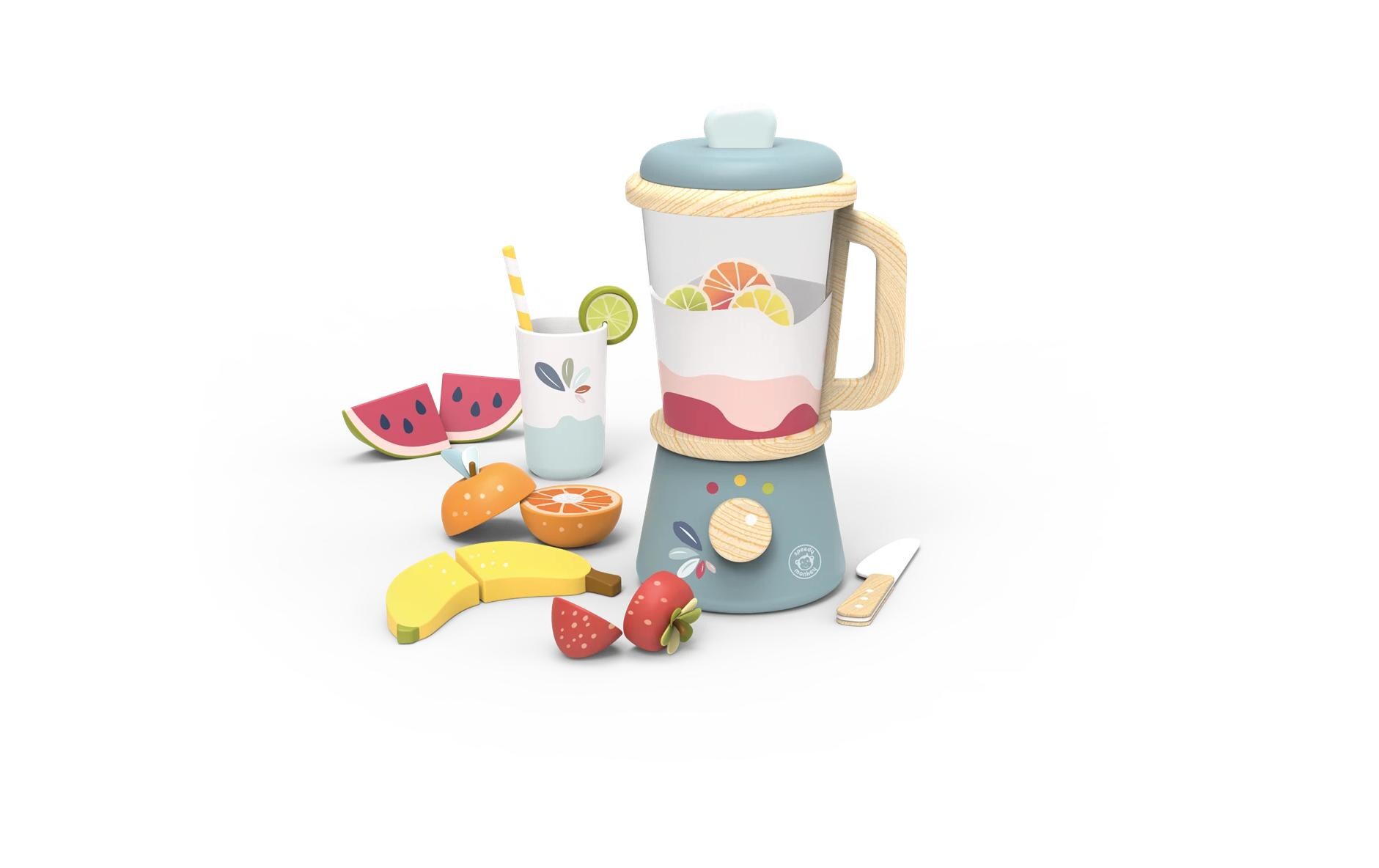 Spiel-Haushaltsgerät SmoothiemakerSmoothies zum Mitnehmen im Becher aus Holz mit Zubehör
