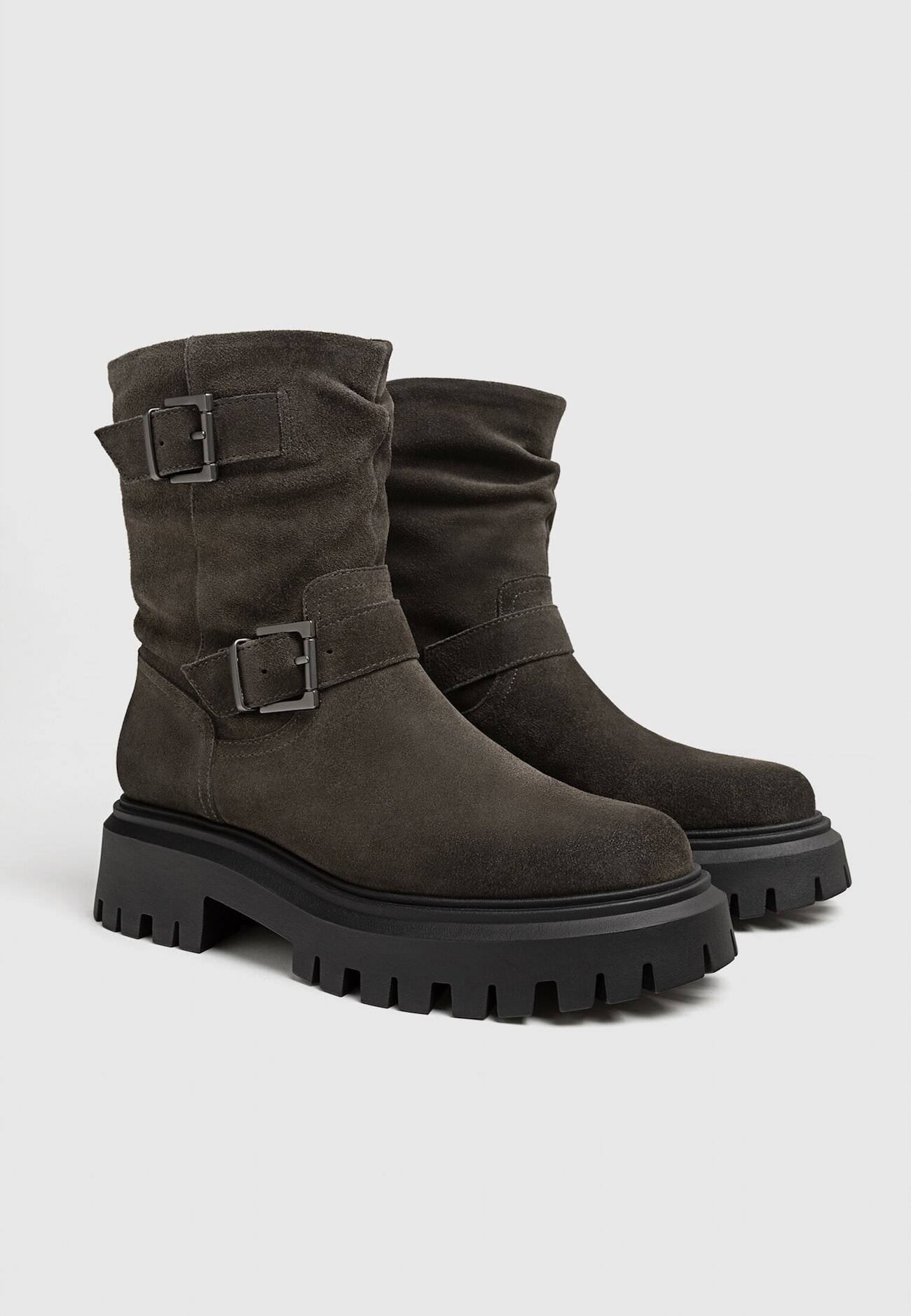 Botas de couro planas estilo motociclista, cano curto