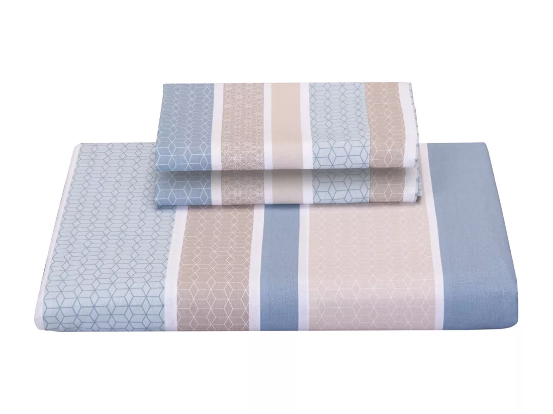 Jeu de housse de couette 50% coton imprimé rayures Bleu