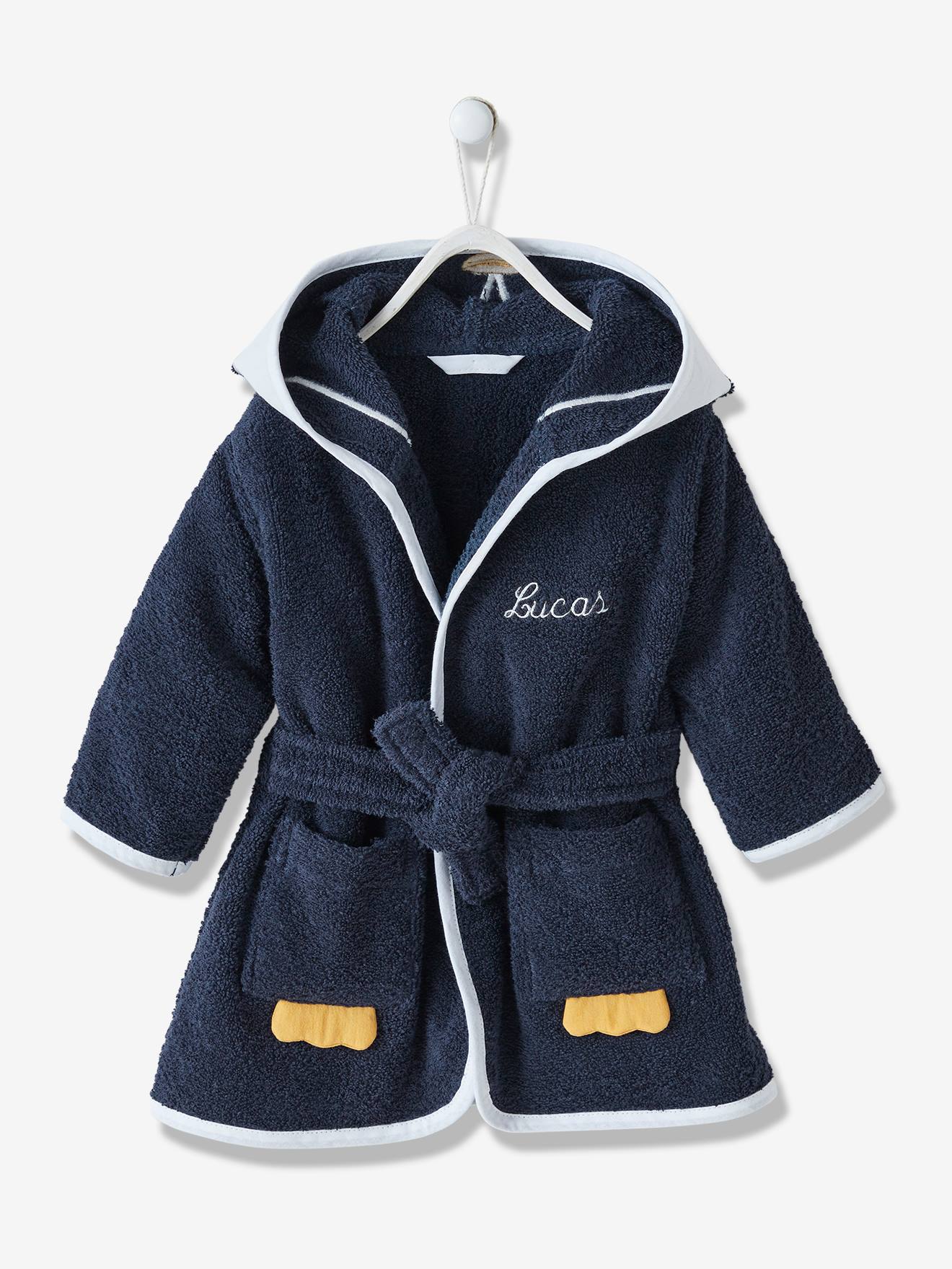 Roupão de bebê liso azul escuro com estampa de pinguim