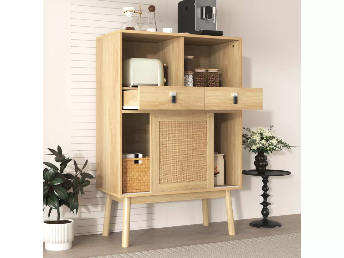 Buffet de cuisine avec 2 tiroirs et 2 portes coulissantes en rotin - 80 x 39,5 x 120 cm - Panneau de particules - Coloris bois