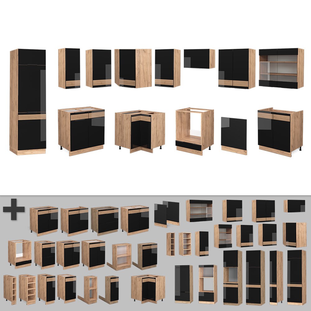 Vicco Eckküche Küchenblock Einbauküche Fame-Line Eiche Schwarz 287x227 cm modern Hochglanz Küchenschränke Küchenmöbel
