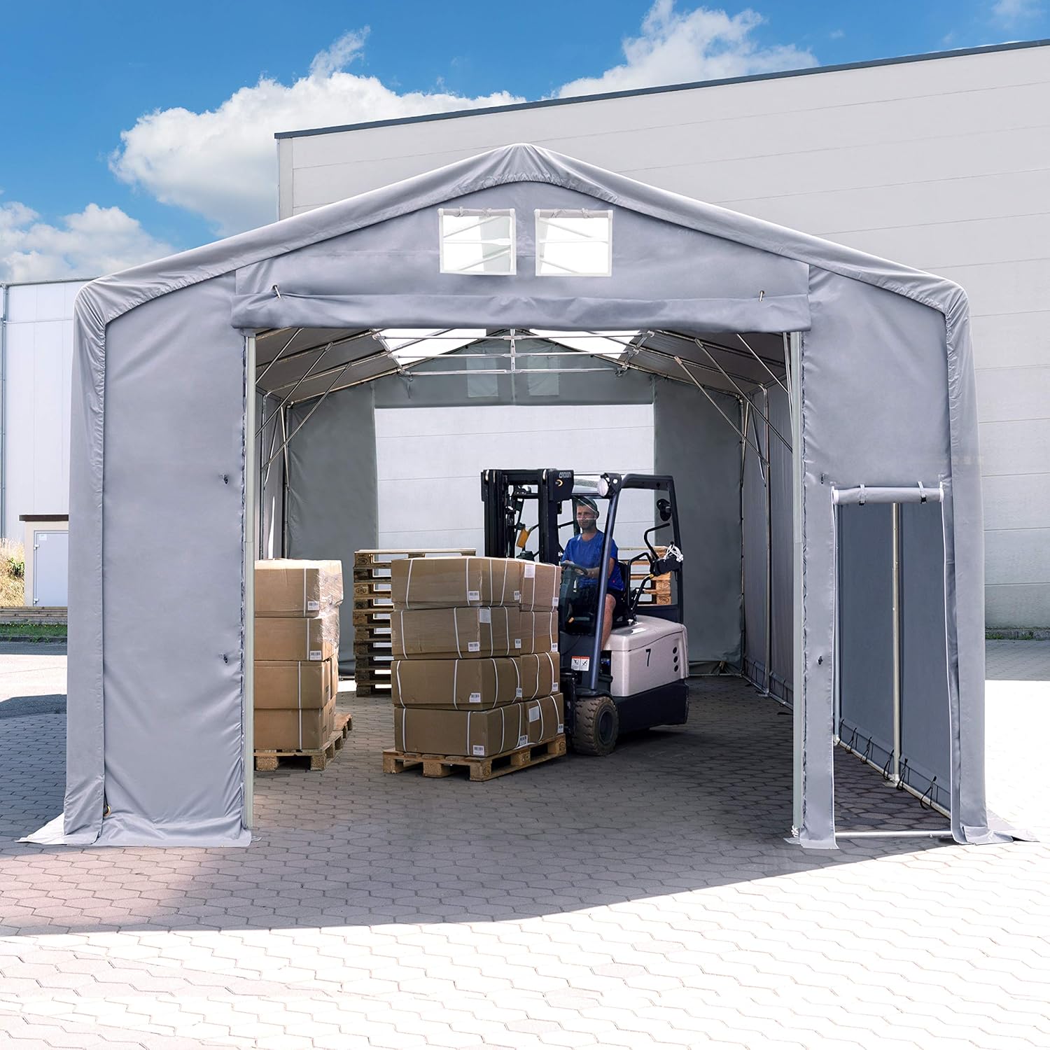TOOLPORT Lagerzelt Zelthalle Weidezelt 4x6x3 m mit Hochziehtor - durchgehende PVC Plane 850 N mit Oberlicht - Wasserdicht