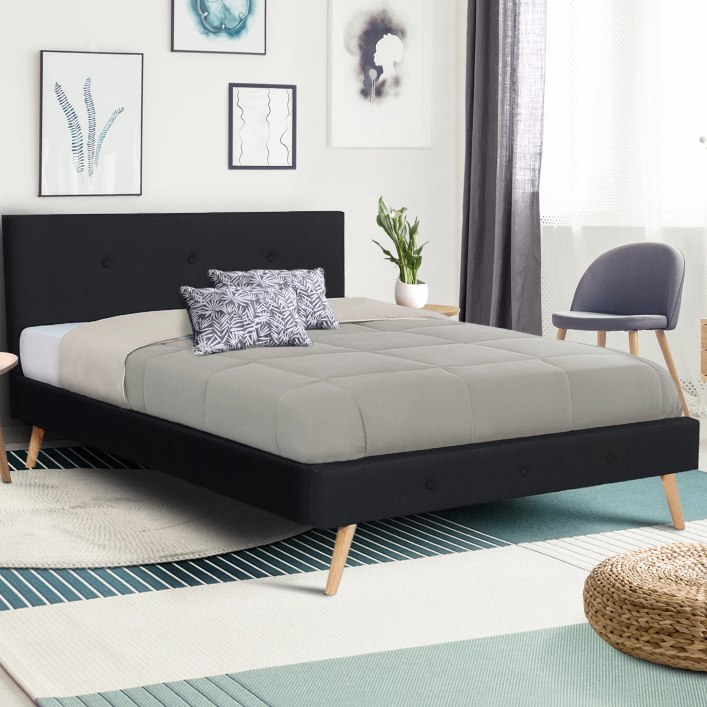 Lit double scandinave OSLO avec tête de lit et sommier 160 x 200 cm tissu noir