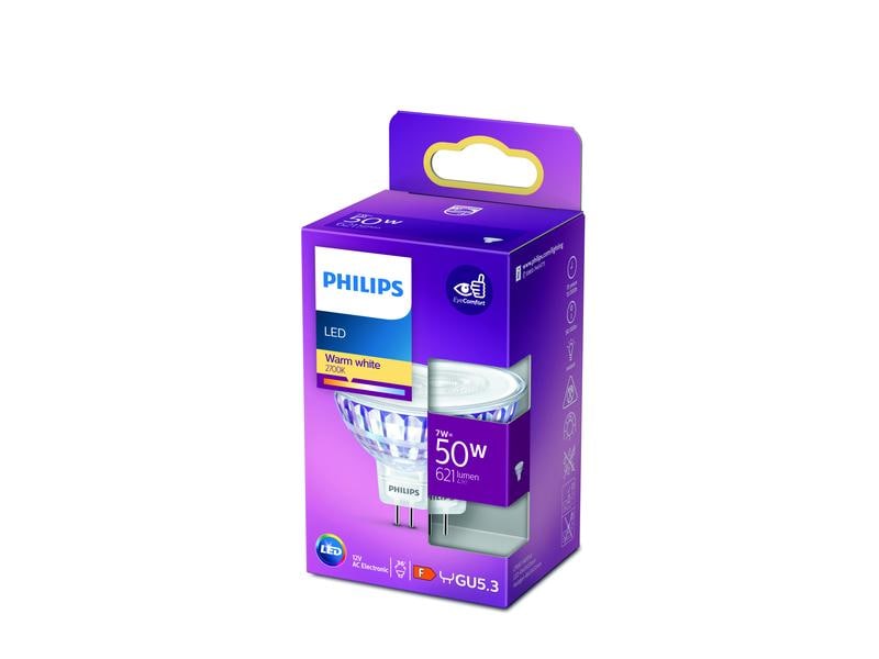 Philips Lampe LEDcla 50W GU5.3 WW ND Warmweiss Leuchtmittel MR1 mit klarem Glas