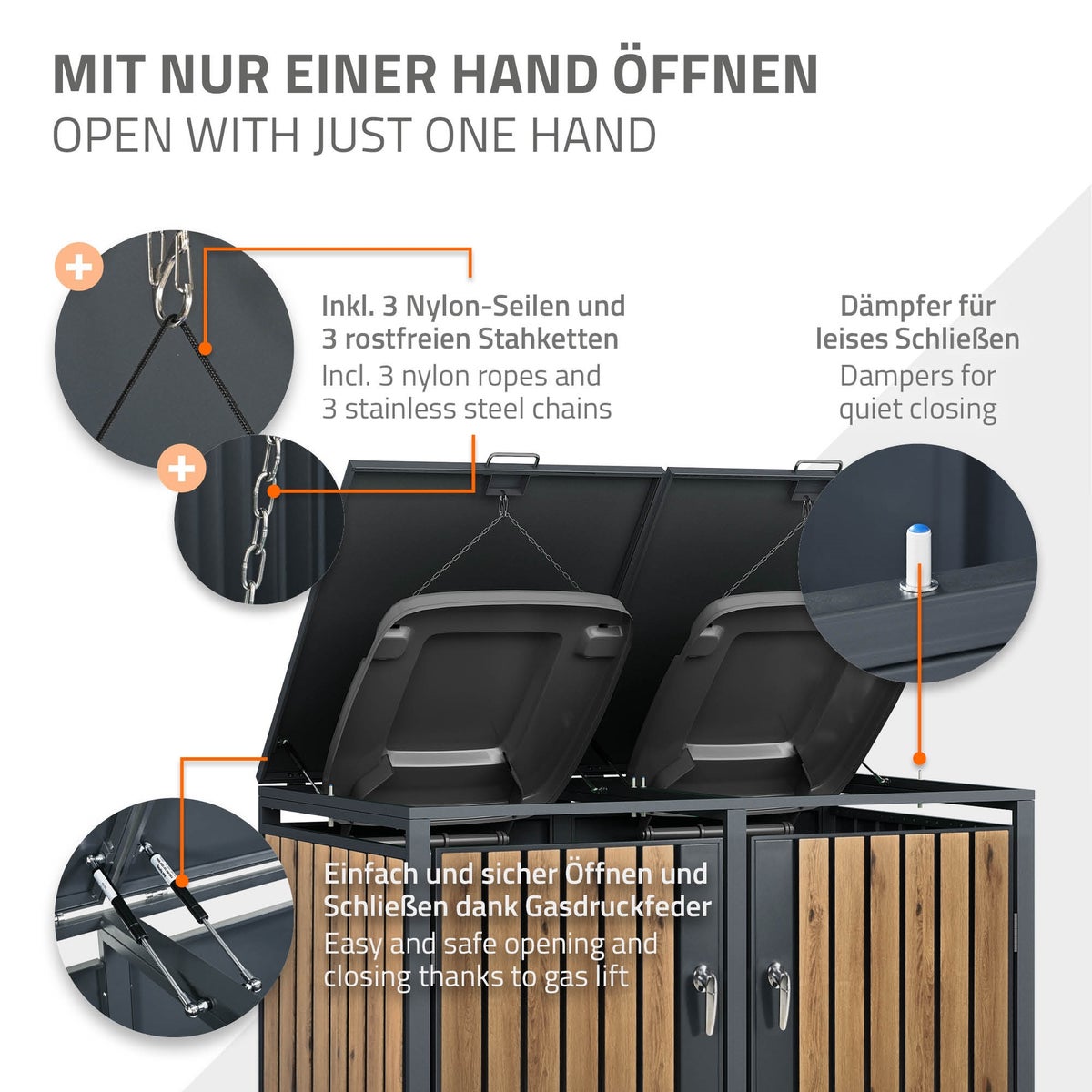 ML-Design 3-baks afvalcontainer, 3 bakken, 240L per stuk, 200x80x116,3cm, antraciet eiken look, staal, weerbestendig/afsluitbaar, afvalbakbehuizing met klapdeksel/3 deuren, afvalbakbox, afvalbakcontainer, afvalbakdeksel