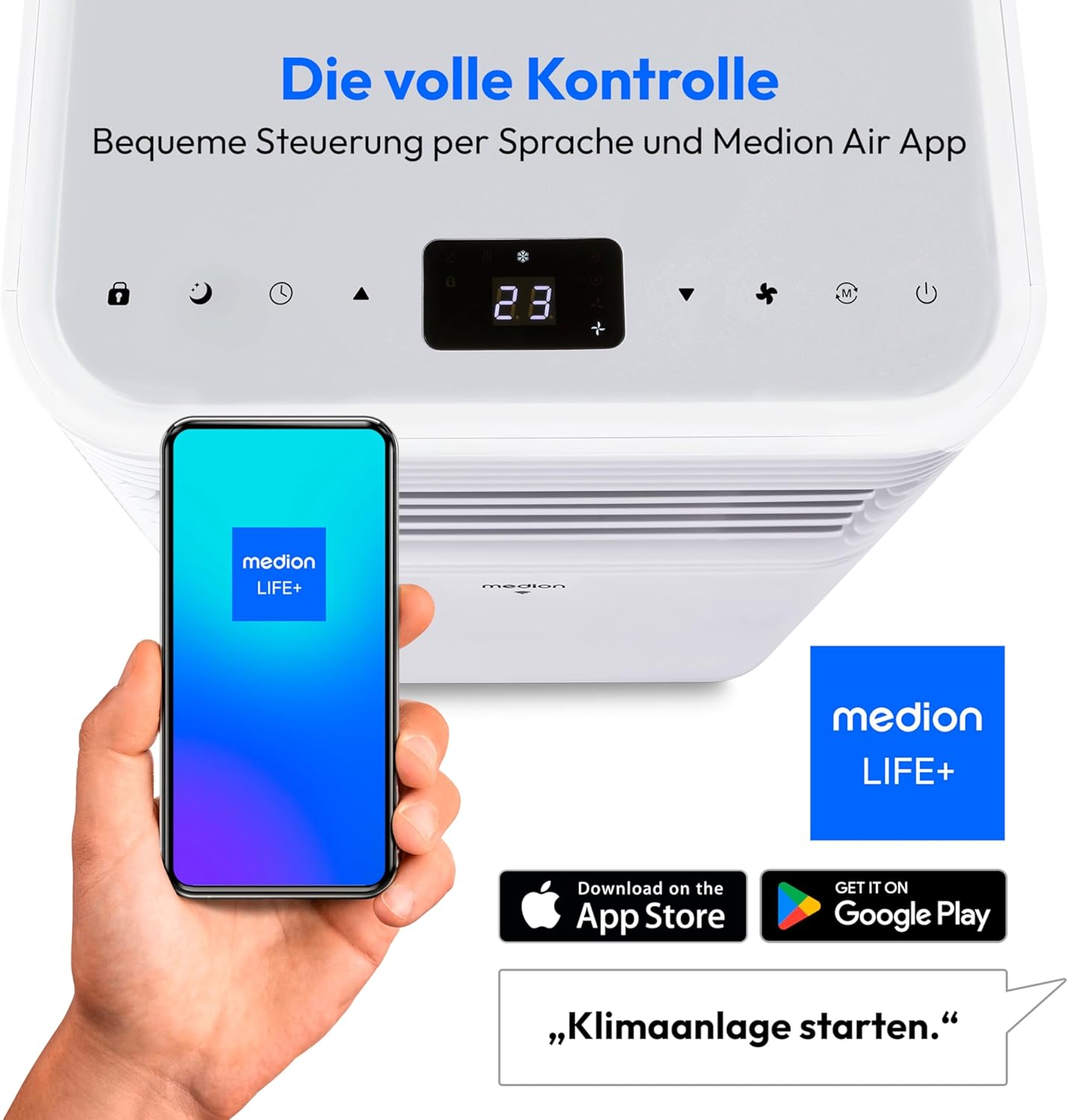 MEDION Smarte Mobile Klimaanlage mit Abluftschlauch P701 (7000 BTU, mobil, inkl. Fensterabdichtung, bis 25m², 3in1 Kühlen Entfeuchten Ventilieren, App- und Sprachsteuerung, Schlafmodus, MD 37672)