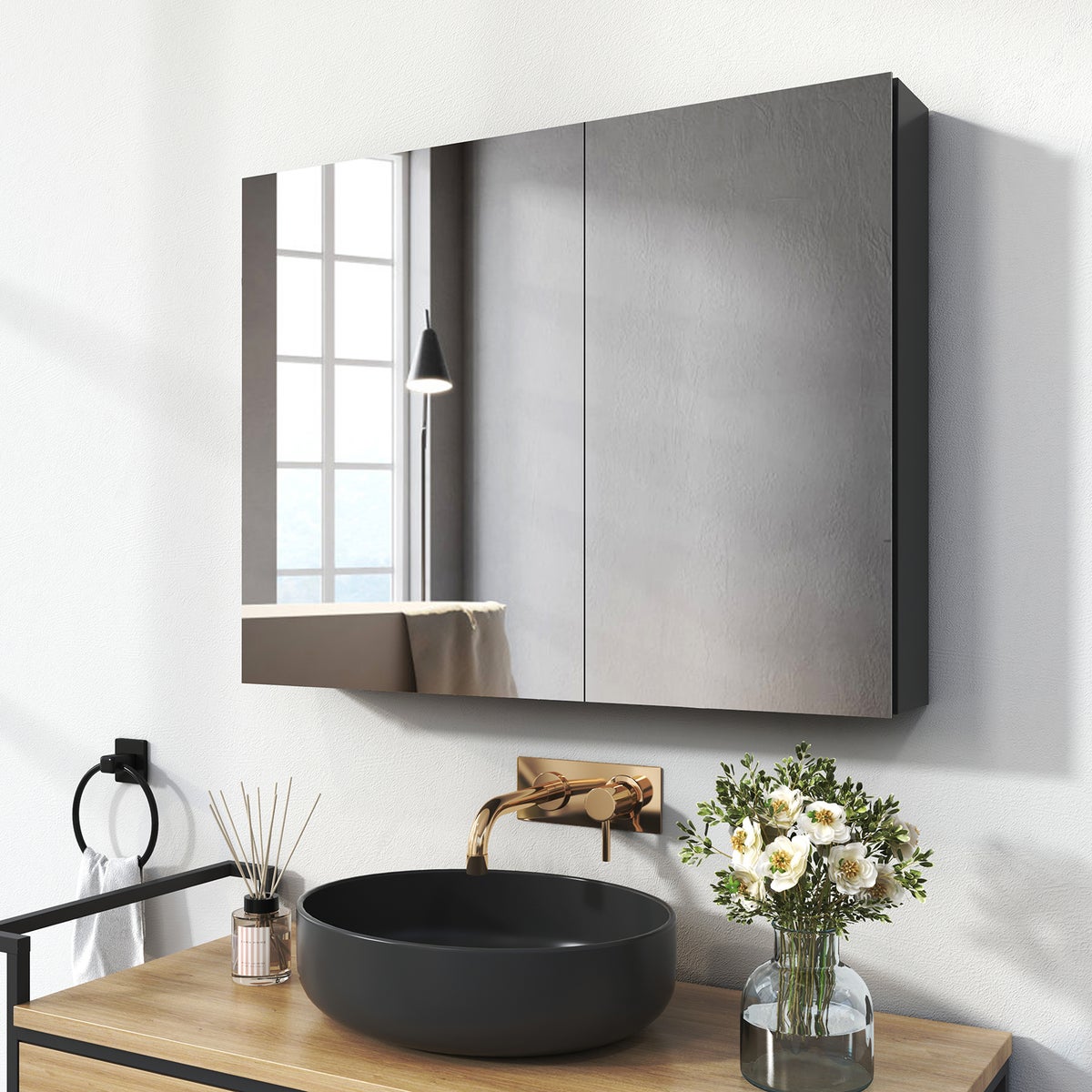 EMKE Spiegelkast, 2-deurs, 85x65 cm, badkamerkast met dubbelzijdige spiegeldeuren, grijs