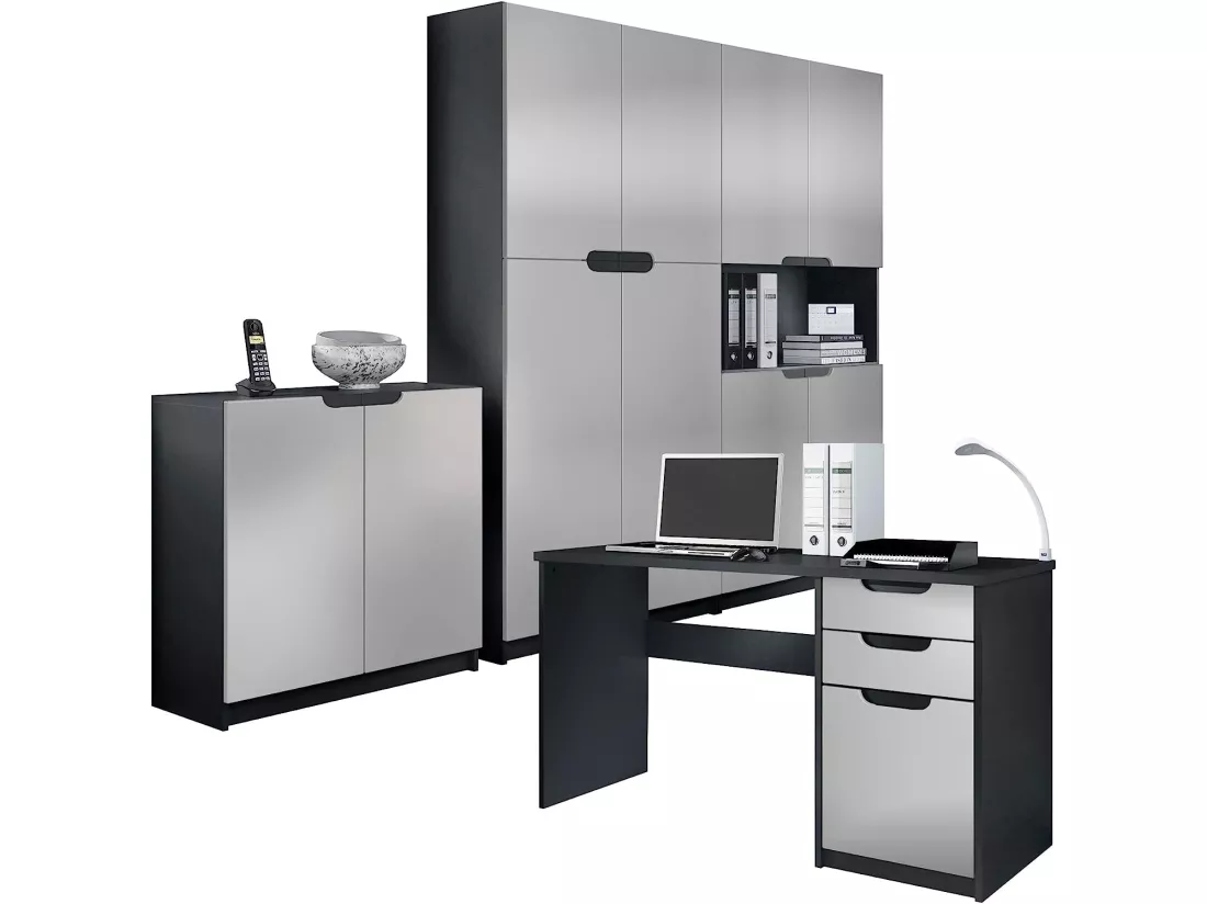 Ensemble de Meubles de Bureau Corps en Noir Mat/Façades en Gris Clair satiné Mat