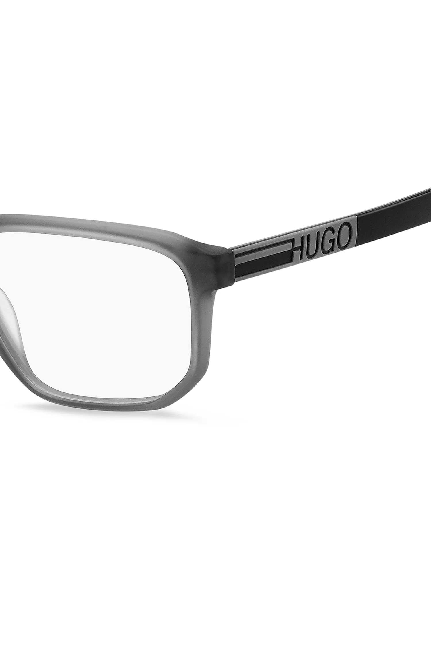 Armação de óculos HUGO em acetato vermelho-cinza com logotipo emborrachado