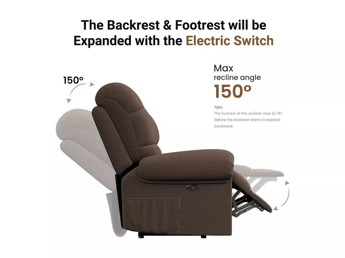 Fauteuil Relax Fauteuil électrique en Velours Teddy,Fauteuil à loisirs Réglable avec USB,Anti-statique avec Repose Pieds - 96x97x104cm Marron