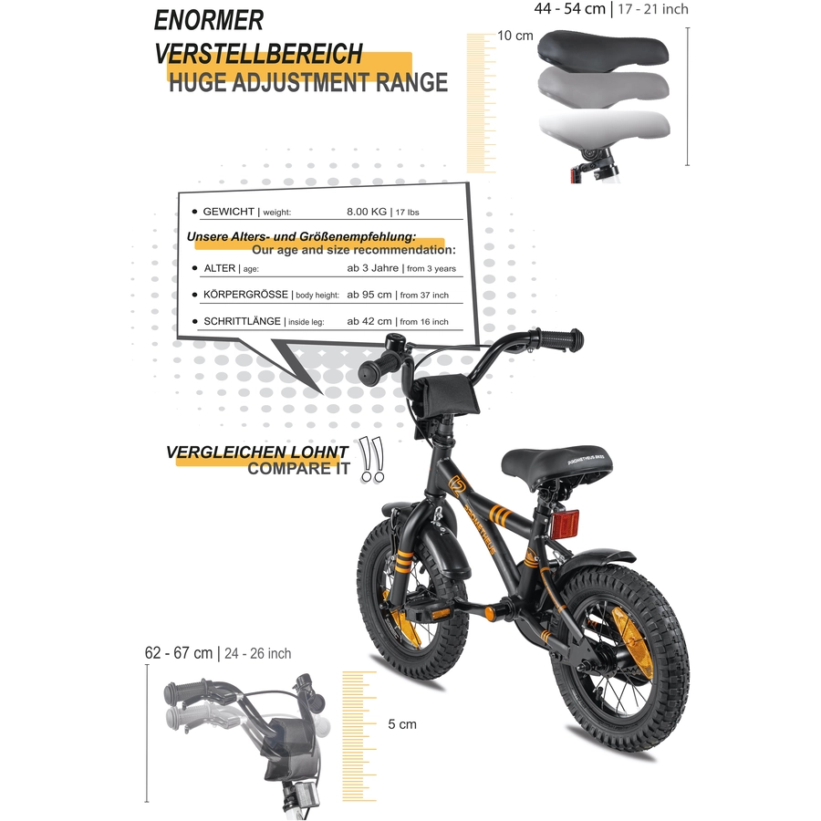 PROMETHEUS BICYCLES® Kinderfahrrad 12 in Schwarz Matt & Orange ab 3 Jahre mit Stützräder