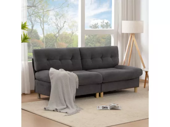 Canapé 2/3 places en Velours Teddy gris - Design ergonomique - avec poches de stockage, grande coussin - 201x85x90cm