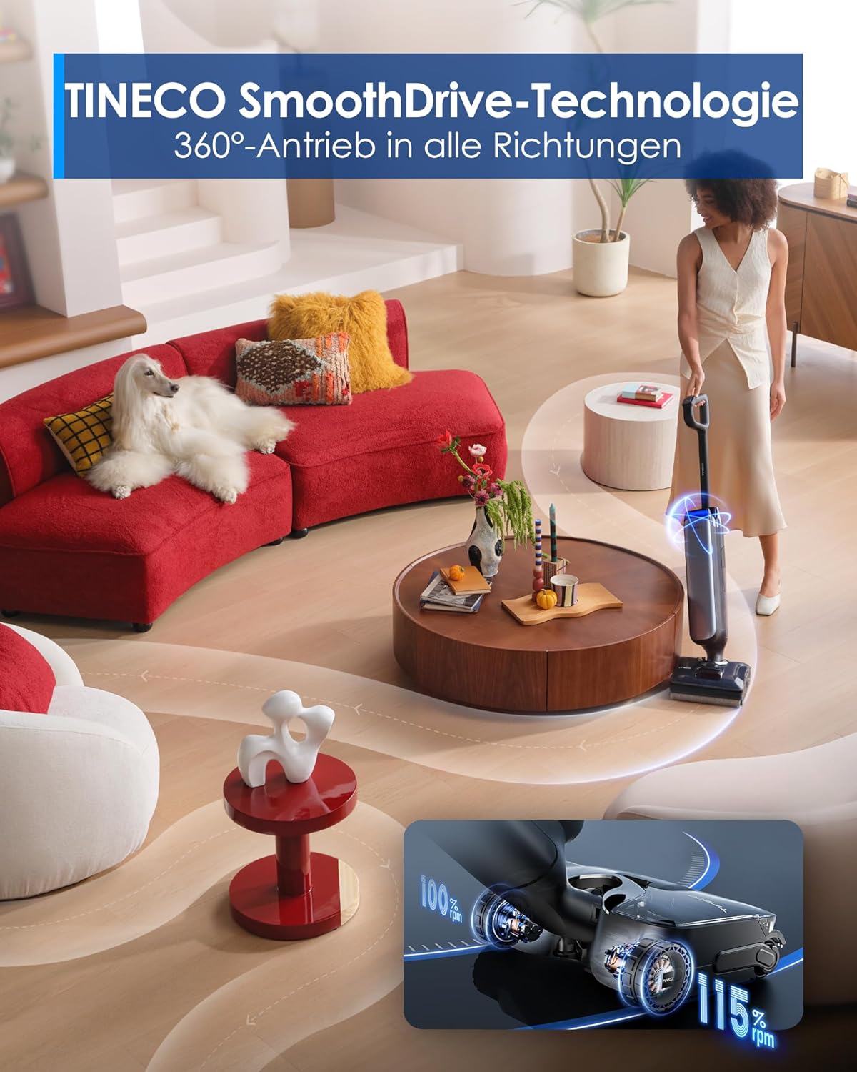 Tineco Floor One S9 Artist Stilvoller Nass Trockensauger, 22kPa Nasssauger, 360° SmoothDrive, Anti-Tangle, 85°C Flashdry-Selbstreinige, 50min Laufzeit, Beidseitige Reinigung, 180° Lay-Flat Staubsauger