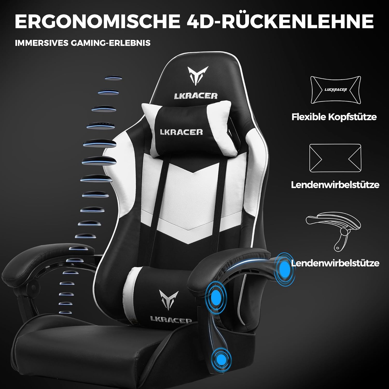 GTPLAYER Gaming Stuhl Bürostuhl Massage Gaming Sessel Ergonomischer Gamer Stuhl, Kopfstütze Massage-Lendenkissen, Gepolstert Gaming Chair, Drehsessel, weiß