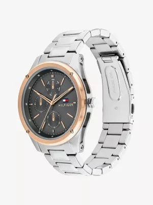 Relógio com mostrador cinza e pulseira de aço inoxidável
