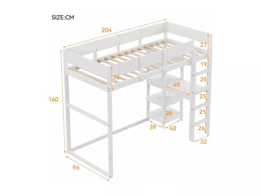 Lit mezzanine 90 x 200 cm avec étagère de rangement pour enfant - bois de pin et MDF - blanc