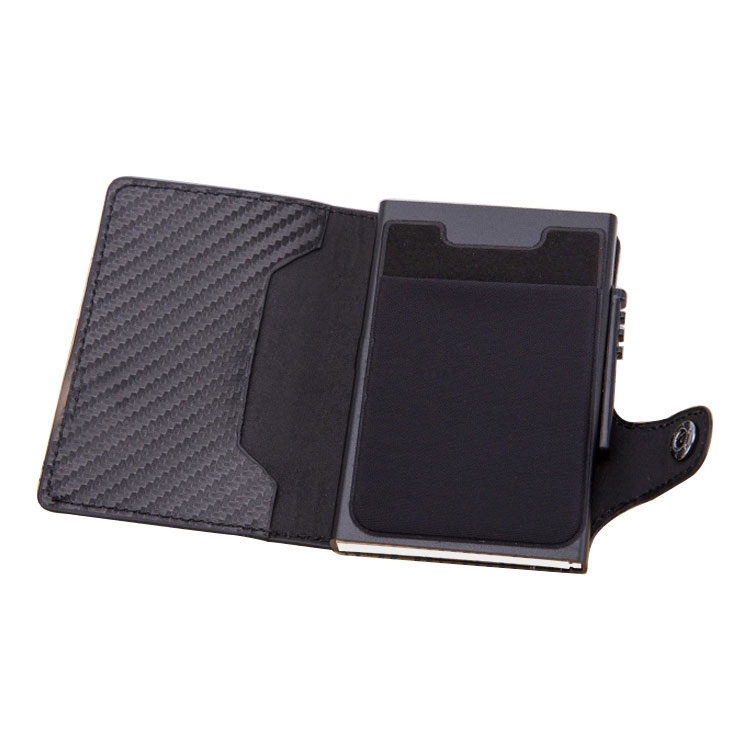 Mini Kreditkarten Leder Etui Geldbörse mit Kartenauswurf-Mechanismus für 8 Karten (RFID Schutz) - Schwarz / Carbon