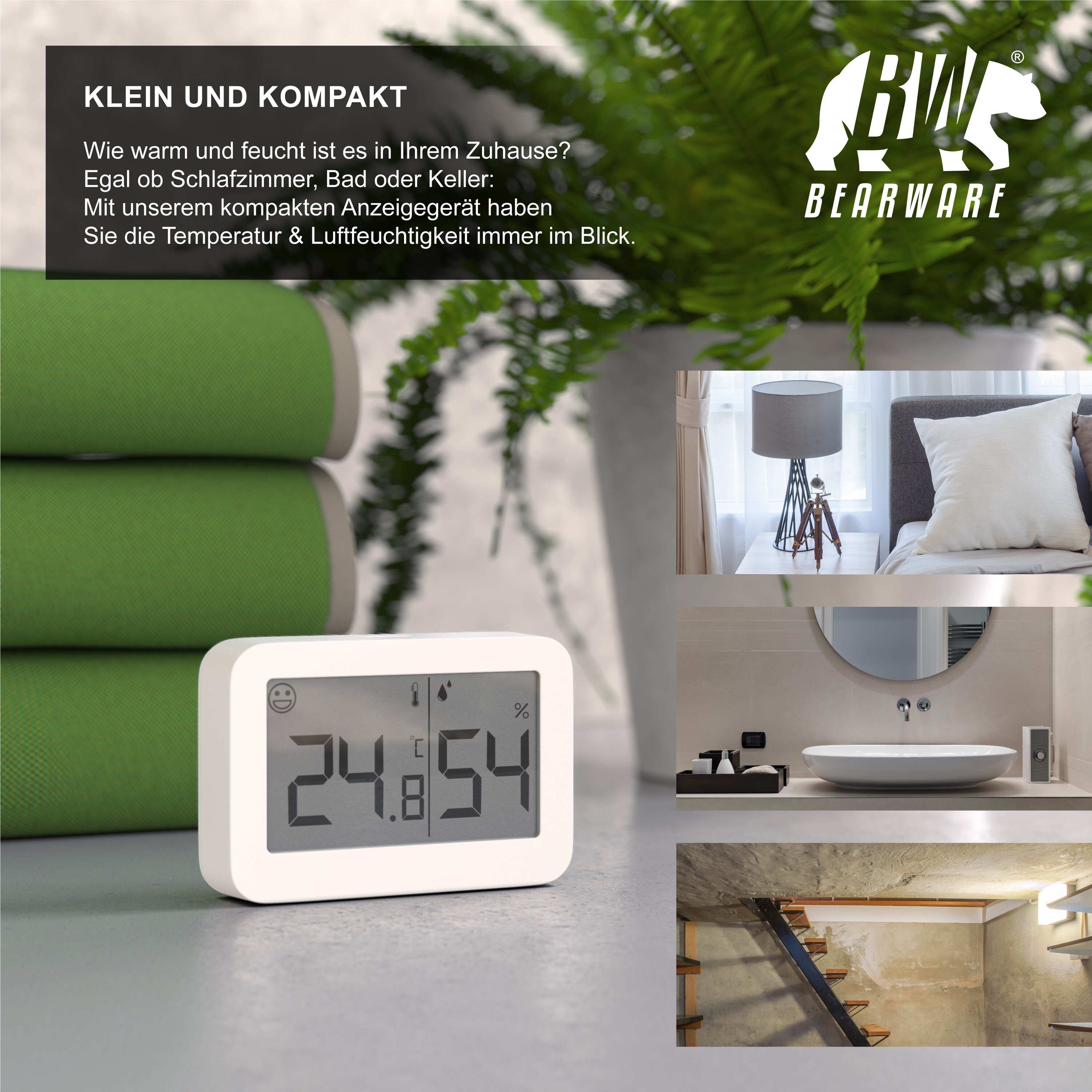 BEARWARE - Thermometer Hygrometer digital Innen - Temperatur und Luftfeuchtigkeit - Komfortsymbole - gut ablesbar - LCD-Anzeige - inkl. Batterie