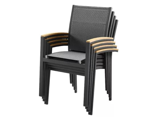 Salle à manger de jardin en aluminium : une table extensible L.180/240cm et 6 fauteuils empilables avec accoudoirs acacia - Anthracite - NAURU de MYLIA