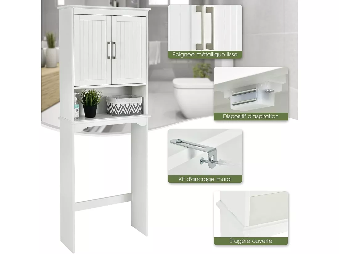 Meuble wc dessus de toilettes avec 3 étagères pour rangement blanc moderne 63 x 23 x 168 cm blanc