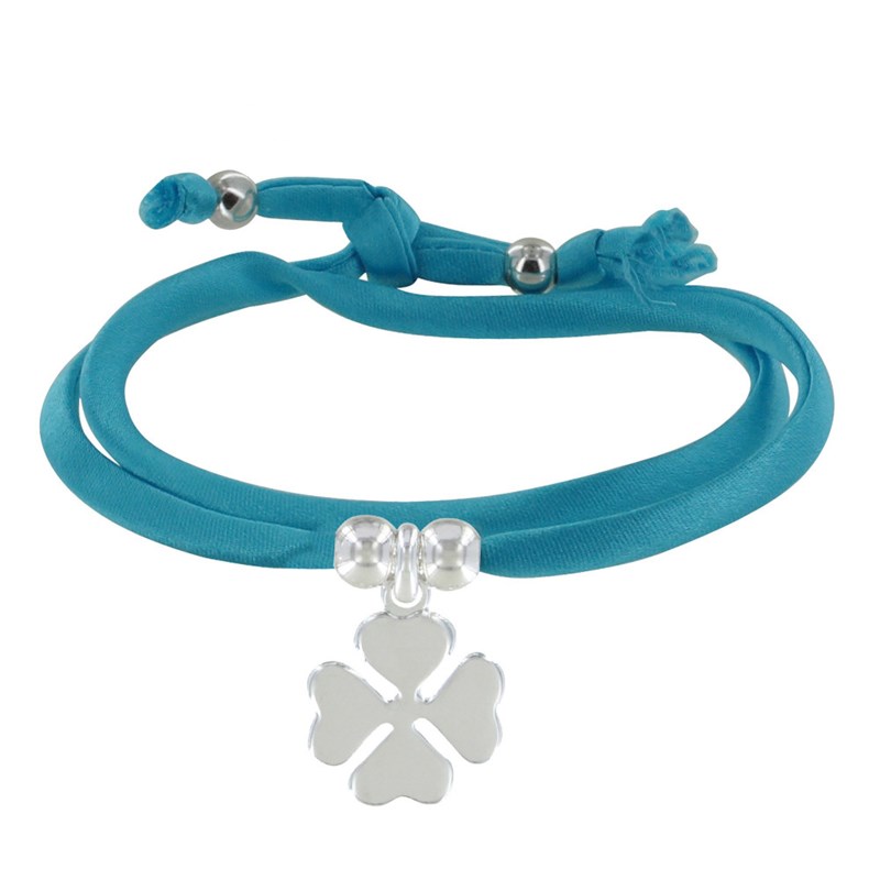 Bracelet Double Tour Lien Satin et Trèfle Argent - Turquoise