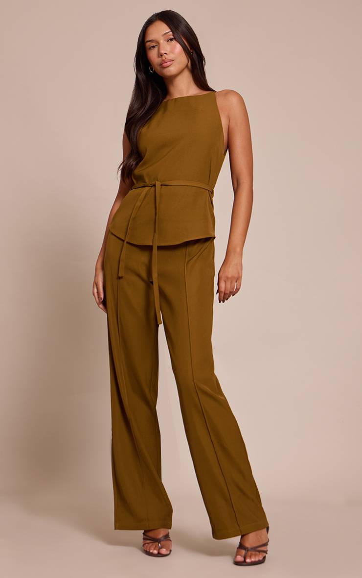 Kaki Combinaison Pantalon Droit En Tissu Tissé Avec Ceinture Nouée