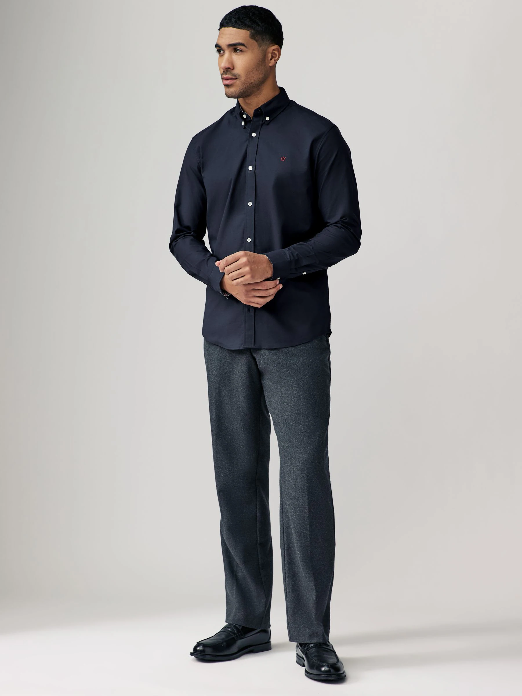 Donkerblauw - Oxford-stretchoverhemd met lange mouwen