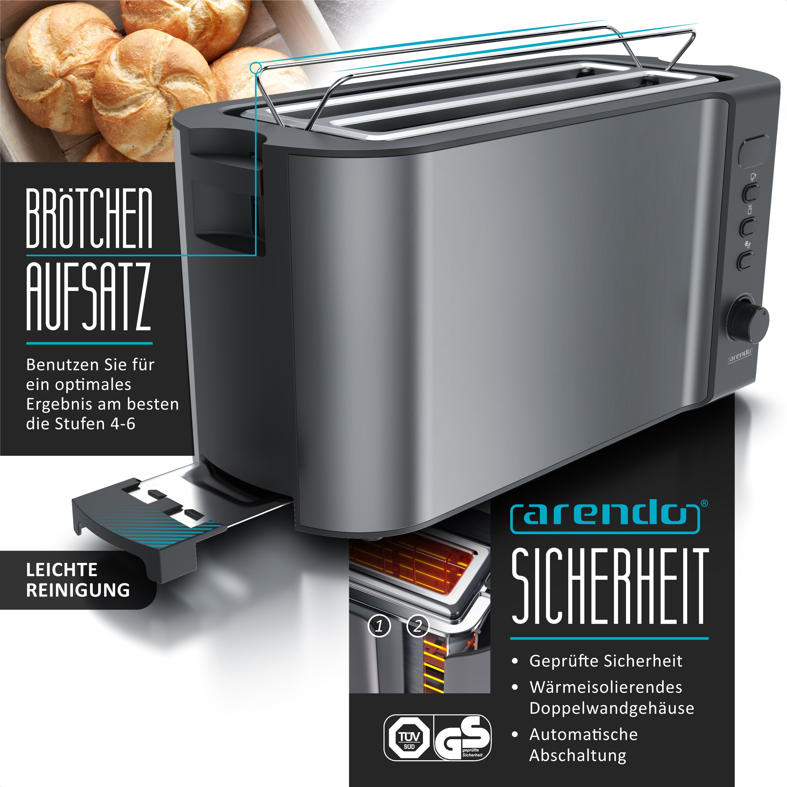 Arendo - SET Toaster FRUKOST mit Eierkocher SEVENCOOK Edelstahl Grau, Toaster 4 Scheiben, LED-Display, 6 Bräunungsgrade, Brötchenhalter - Eierkocher