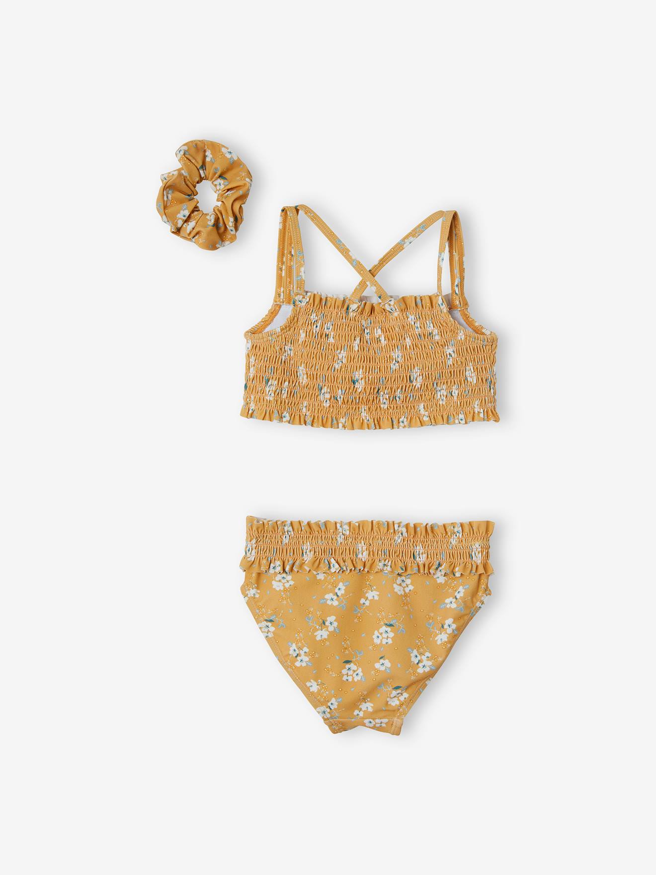 Biquíni com estampa floral + scrunchie combinando com estampa amarela clara