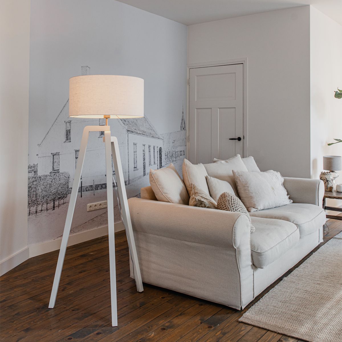 Vloerlamp tripod wit hout met witte kap 50 cm - Puros
