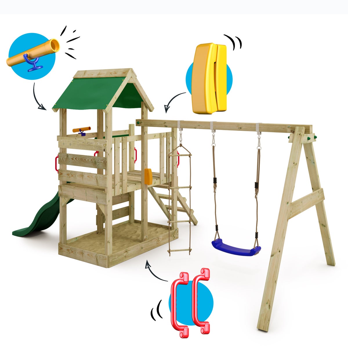 WICKEY TurboFlyer speeltoren klimtoestel met schommel en glijbaan, klimtoren met zandbak, ladder en speeltoebehoren - groen