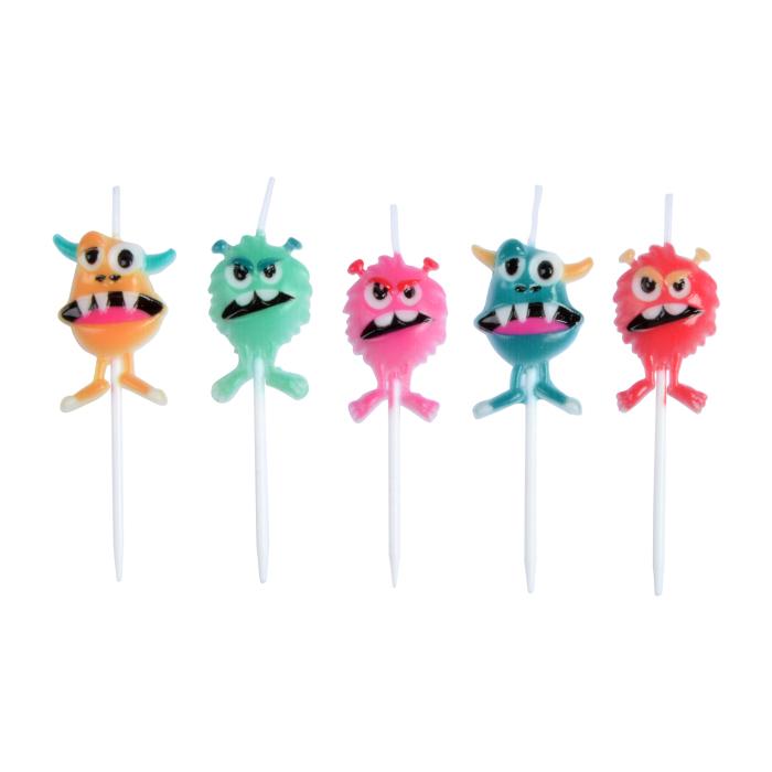 SET 5 BOUGIES MONSTRES 3D ET PIC PLASTIQUE MONSTRES