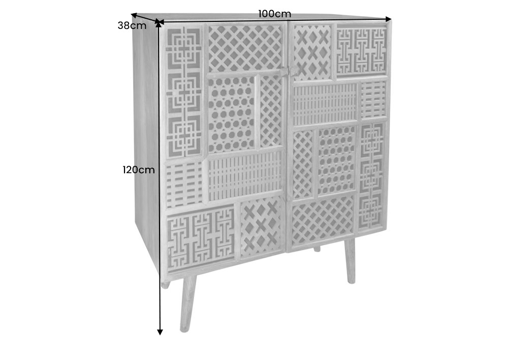 Massives Highboard MARRAKESCH 120cm Mangoholz mit Verzierung Boho Stil
