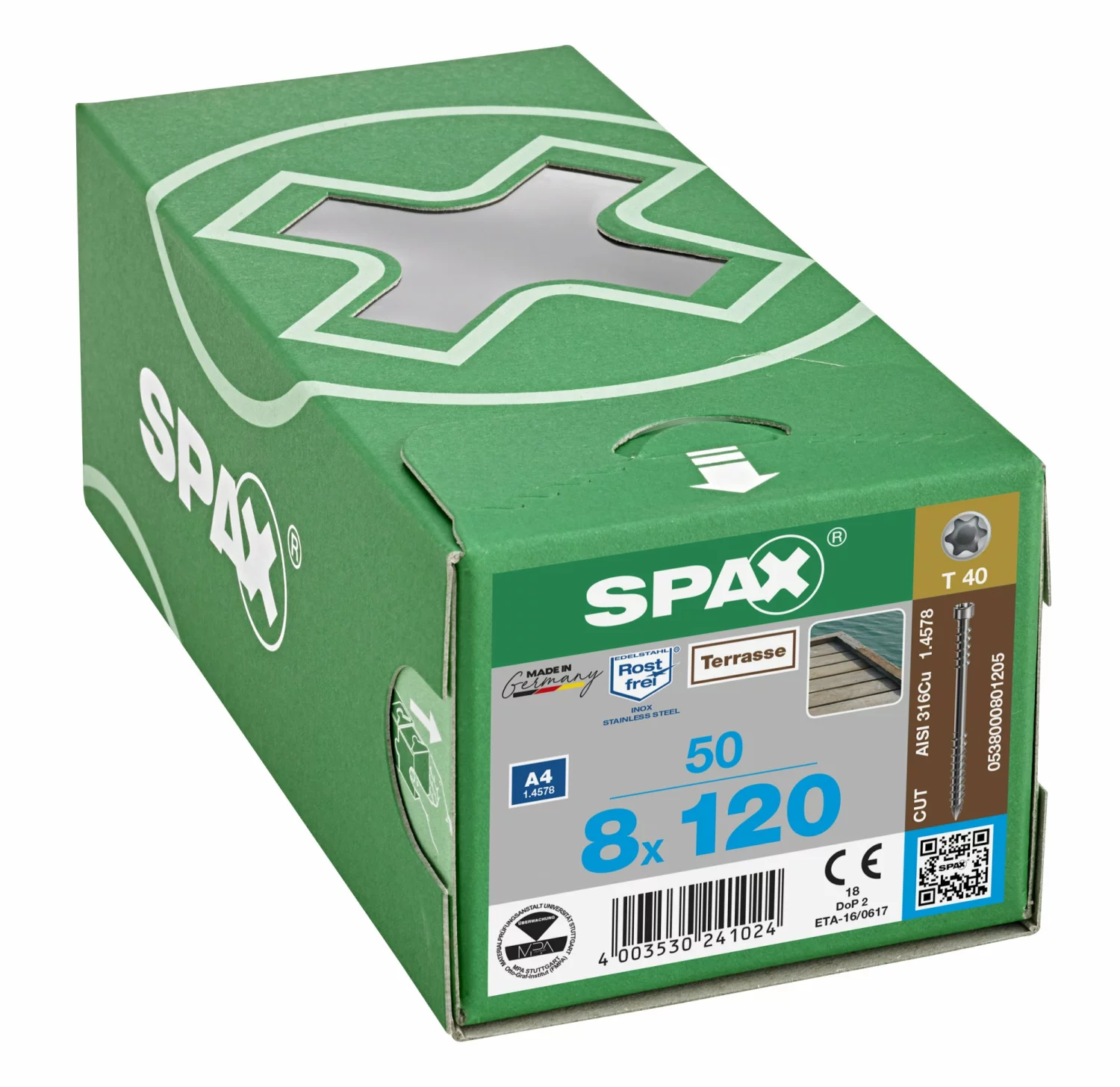 SPAX 538000801205 Vlonderschroef, Cilinderkop, 8 x 120, Fixeerschroefdraad, T-STAR plus TX25 - blank - 50 stuks