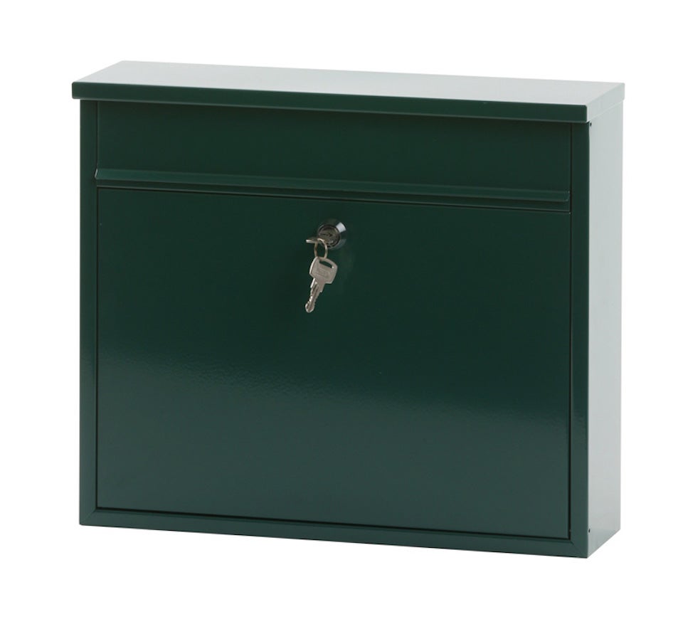 PROREGAL Granadan wandbrievenbus van staal met brievenbus, afmetingen (H x B x D): 31,5 x 36 x 11 cm, brievenbusopening: 32 x 4 cm, groen