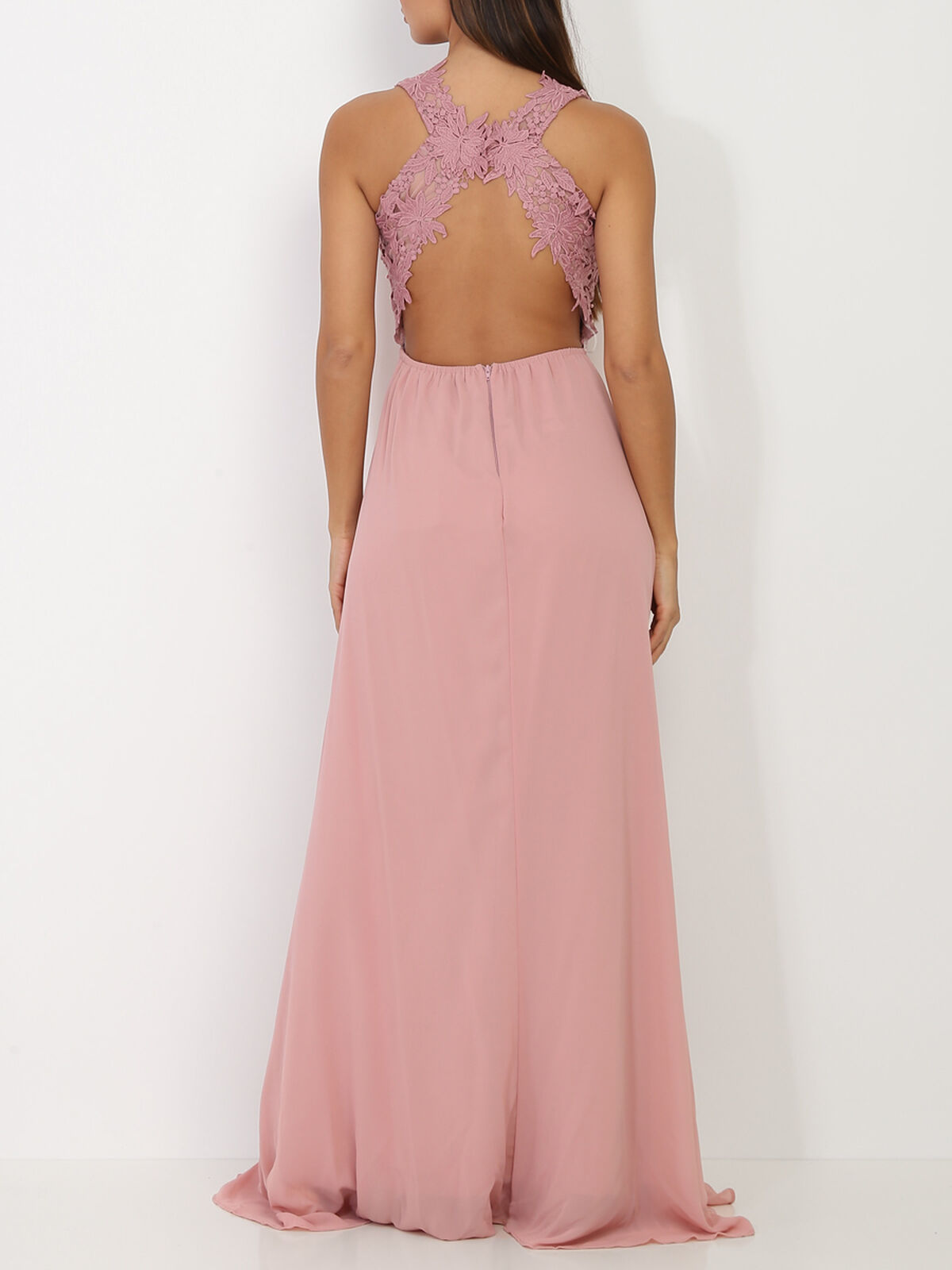 Robe longue à broderies fleuries- Vieux rose