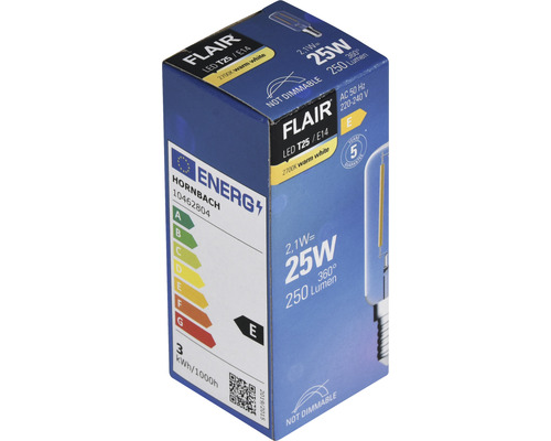 FLAIR LED Lamp T25 helder E14/2.1W (25W) 250 lm 2700 K warm wit geschikt voor koelkast, gloeilamp koelkast