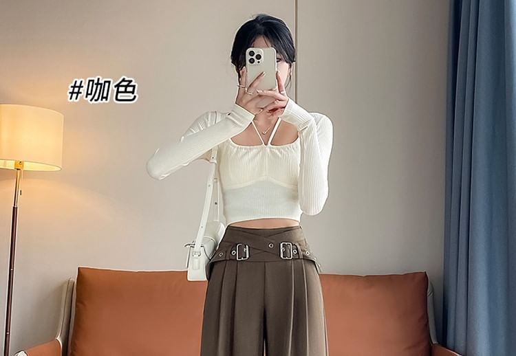 palajana - High Rise Plain Cross Strap Wide Leg Pants (Diverse ontwerpen)