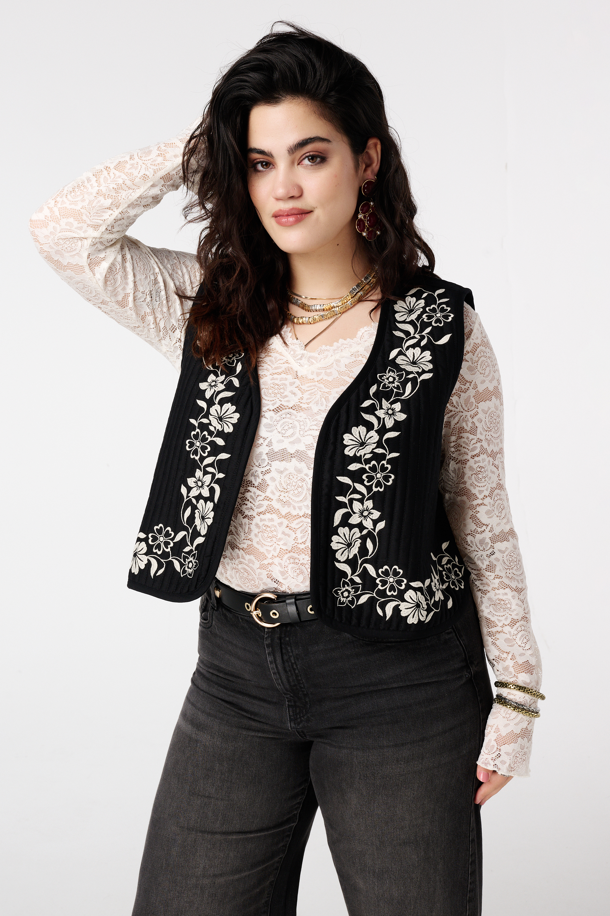 Gilet met broderie opdruk Zwart
