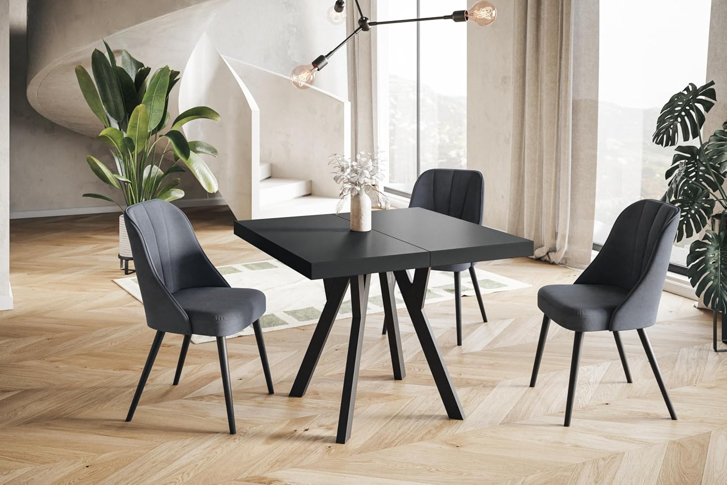 Quadratischer Esstisch ausziehbar – Moderner Wohnzimmertisch und Küchentisch – Tisch mit Holzbeinen, stabile Konstruktion, Durchmesser 80-180 cm - Farbe Schwarz - Kollektion Rico