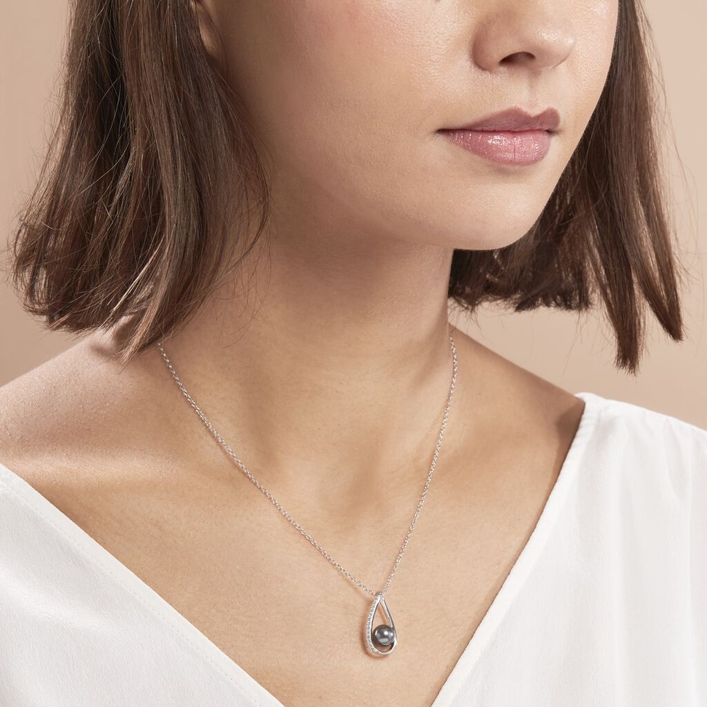 Collier Polynesie Argent Blanc Perle D'imitation Et Oxyde De Zirconium