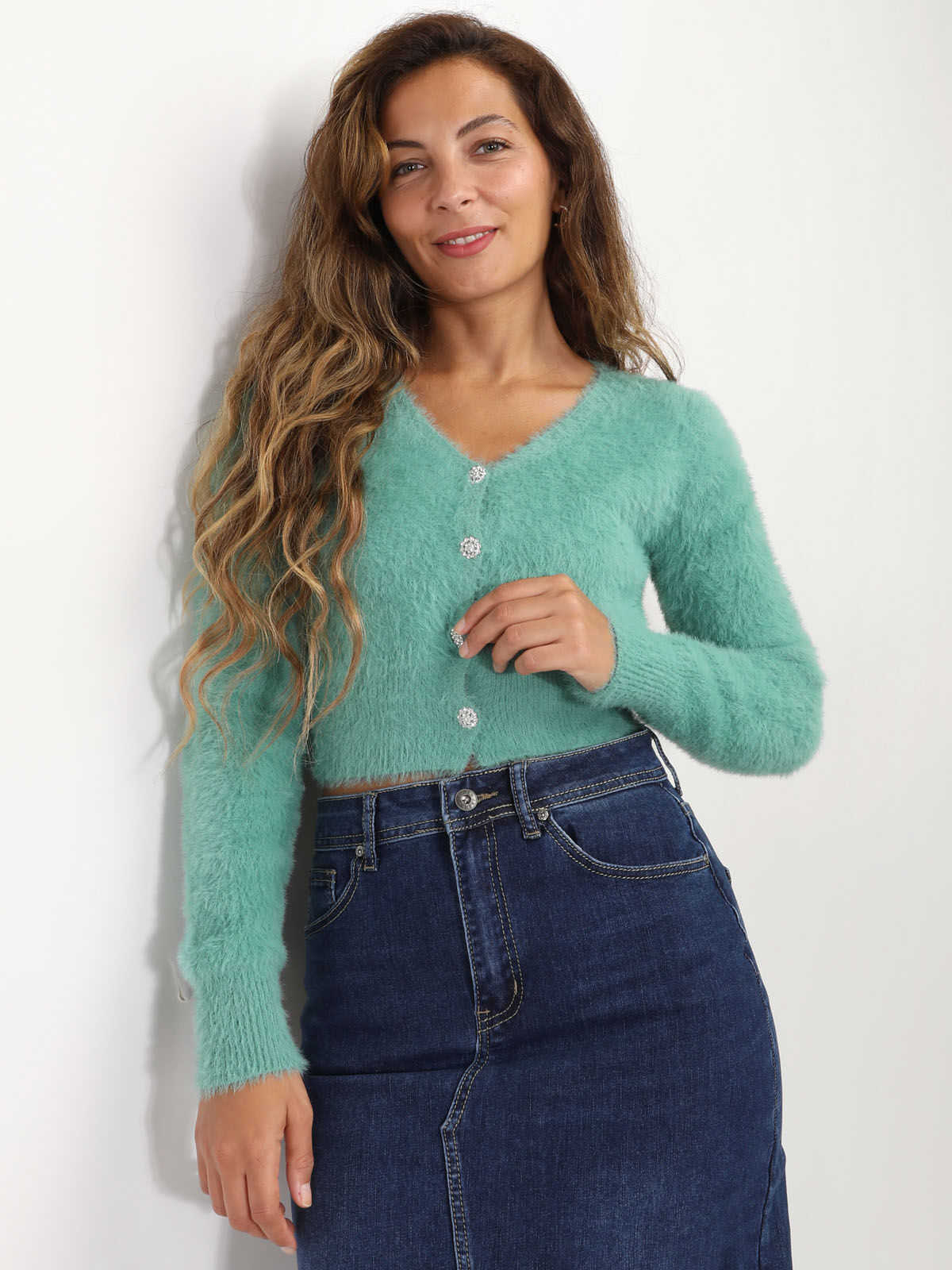 Cardigan duveteux à boutons en strass- Vert clair
