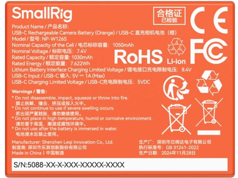 Smallrig Digitalkamera-Akku NP-W126S USB-C Orange Wiederaufladbare Kamera-Batterie