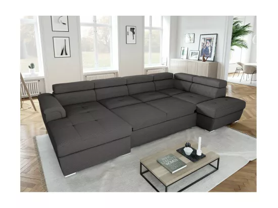 Canapé panoramique 6 places Paola convertible avec 2 coffres en velours côtelé - Gris - L320,5 x P188 x H76cm - Loungitude