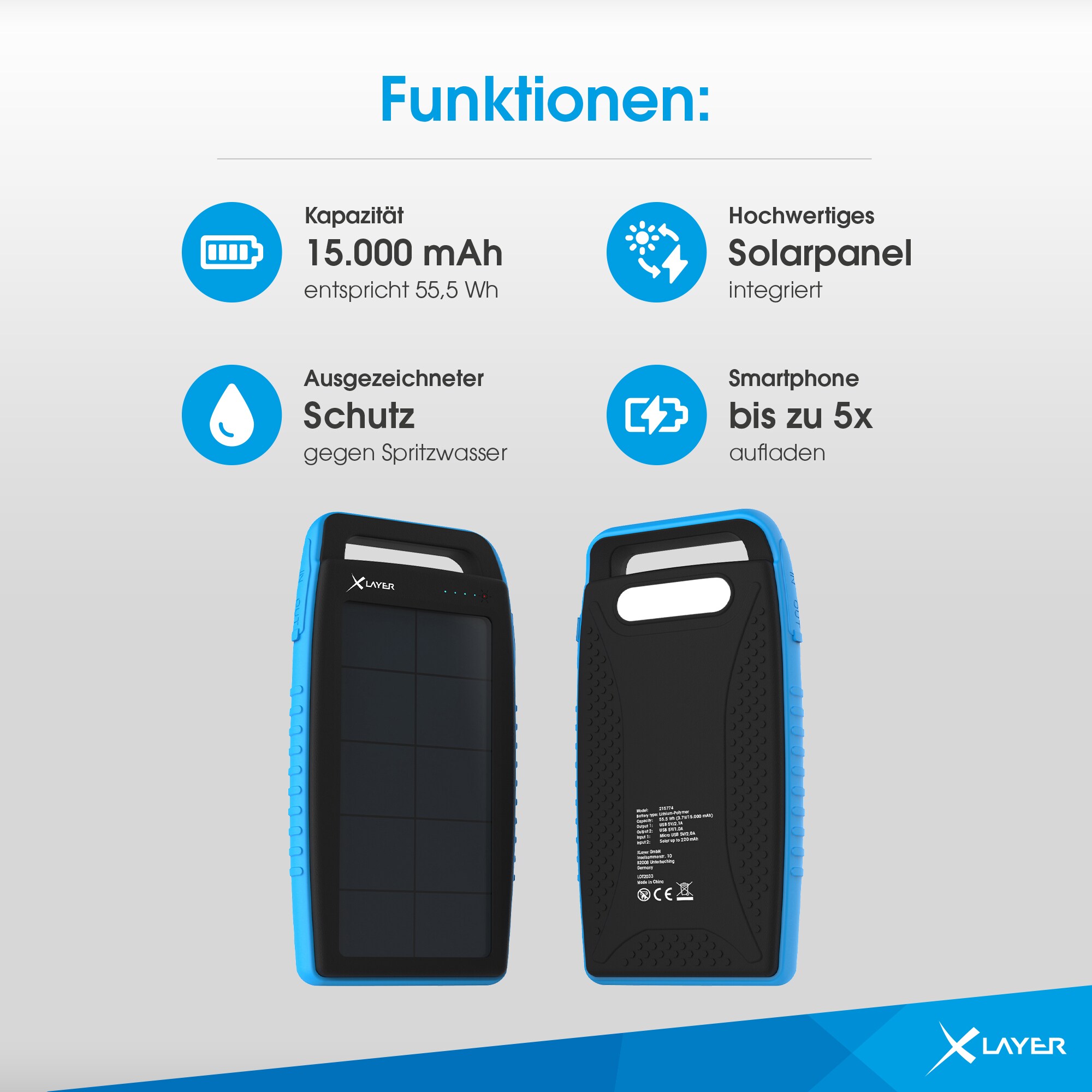 Xlayer POWERBANKS Solar Power Bank I 15000mAh I Camping I Outdoor Ladegerät