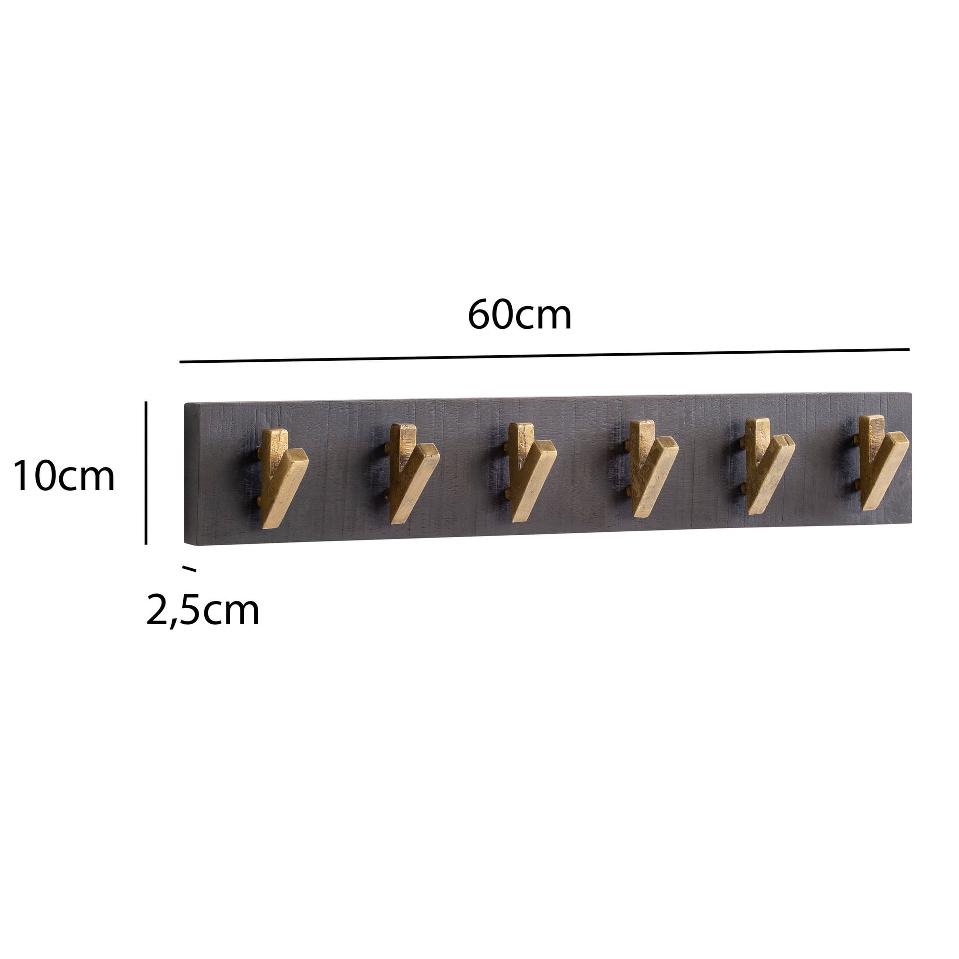 Wandgarderobe 60 x 10x 8 cm Mango Massivholz schwarz lackiert/goldfarbig