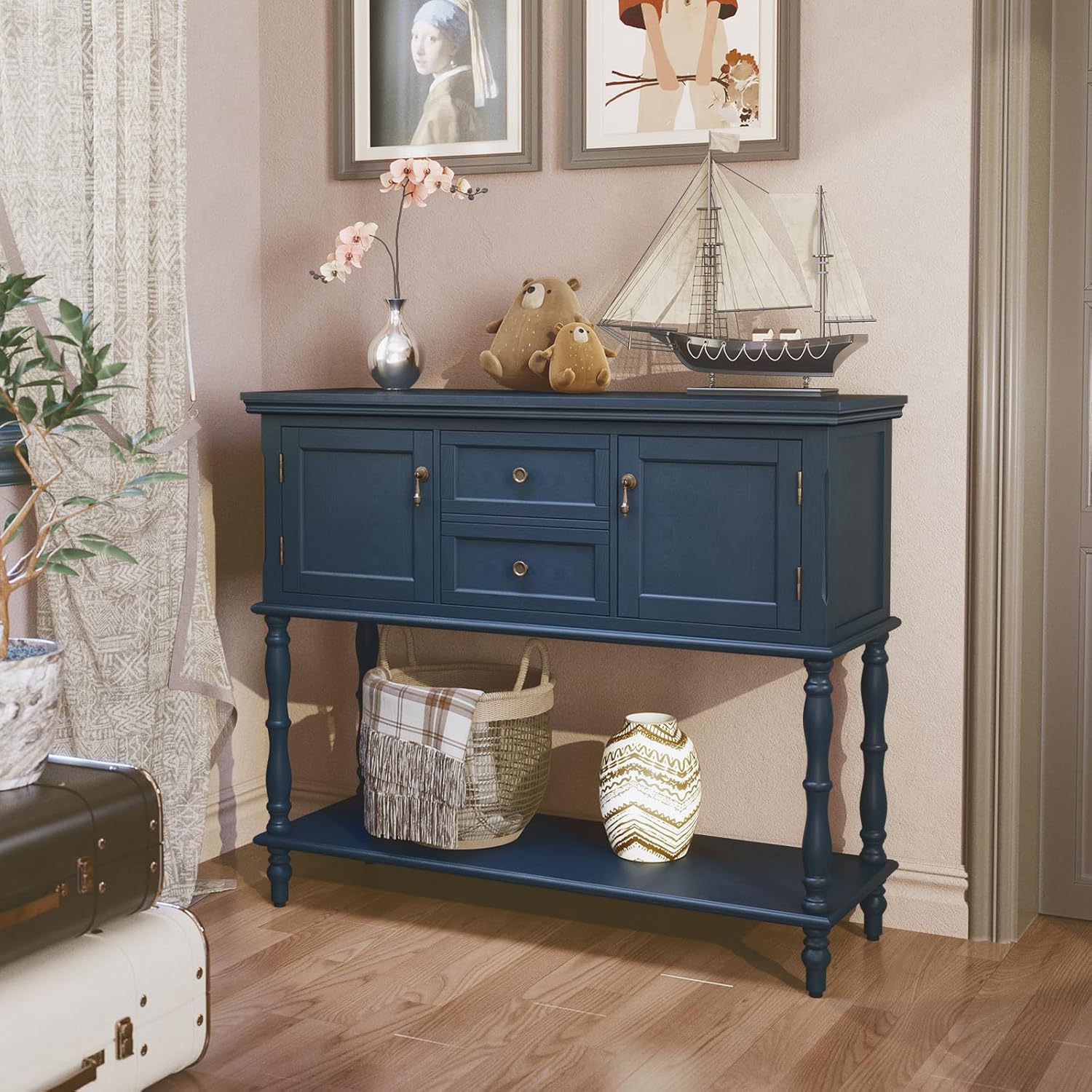 Konsolentisch mit Schubladen und Stauschrank, Holz Blau Konsolentisch Schmal mit Schublade Konsolentische fürs Wohnzimmer, Eingang, Hausflur, Schlafzimmer